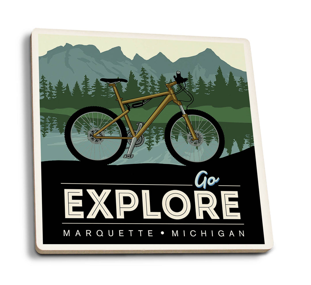 Marquette, Michigan, Go Explore, Bike - Ceramic Coaster