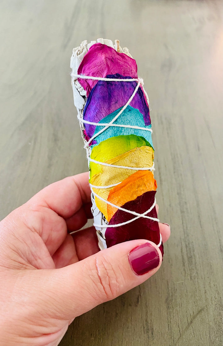 White Sage Smudge Stick w/ Rainbow Chakra Roses