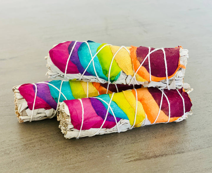 White Sage Smudge Stick w/ Rainbow Chakra Roses