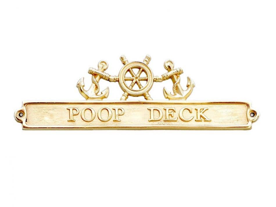 Brass Poop Deck Sign with Ship Wheel and Anchors 12"